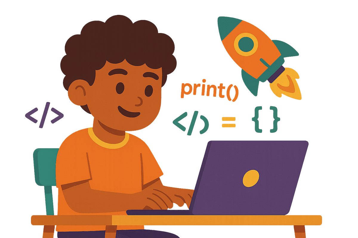Kid at desk with rocket and code symbols, learning to build with Launch