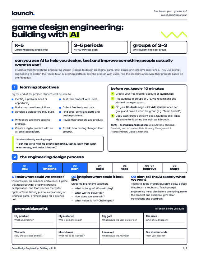 Page 1 of the lesson plan: objectives, setup and the Prompt Blueprint